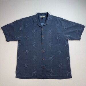 Tommy Bahama Relax Silk Shirt Men's L Blue Gray Loop Collar Pocket Palm Tree